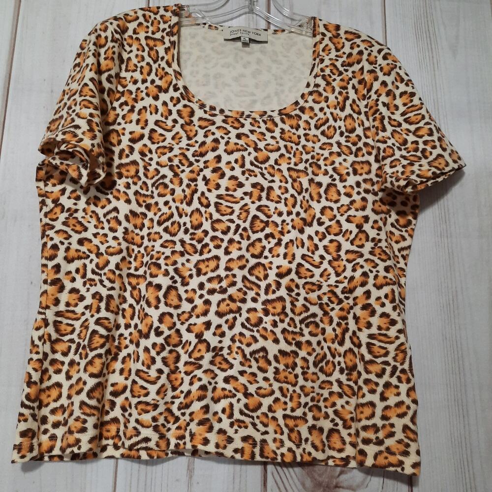 Jones New York Sport Petite Leopard Print Cotton Scoop Neck Tee PL Tan Brown